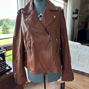 Sam Edelman Cognac Genuine  Leather Moto Jacket Size Large